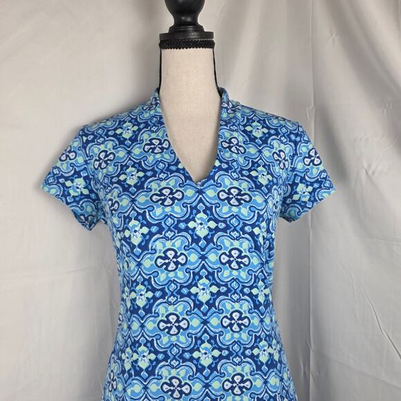 J McLaughlin Dress Womens XS Blue Green Retro Print Short Sleeve V-Neck Midi - Picture 2 of 10
